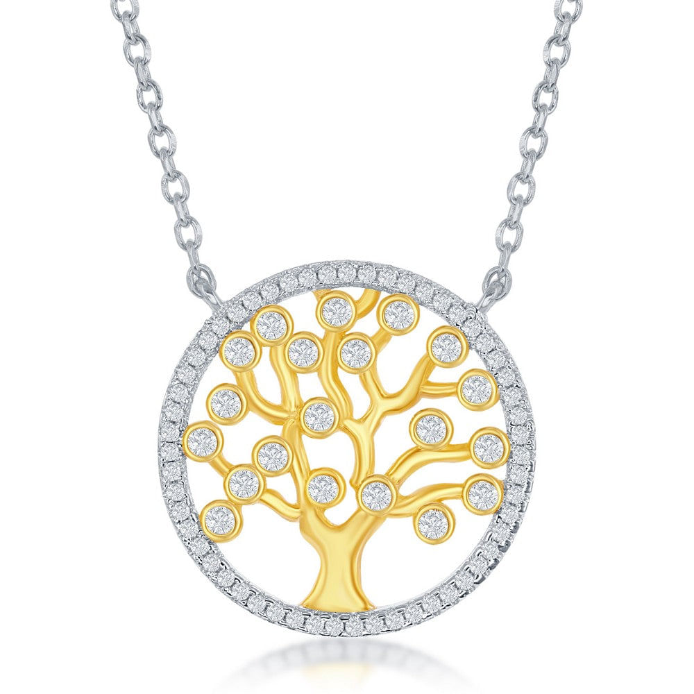 Prata Esterlina Redonda Cz Tree Colar - Banhado A Ouro