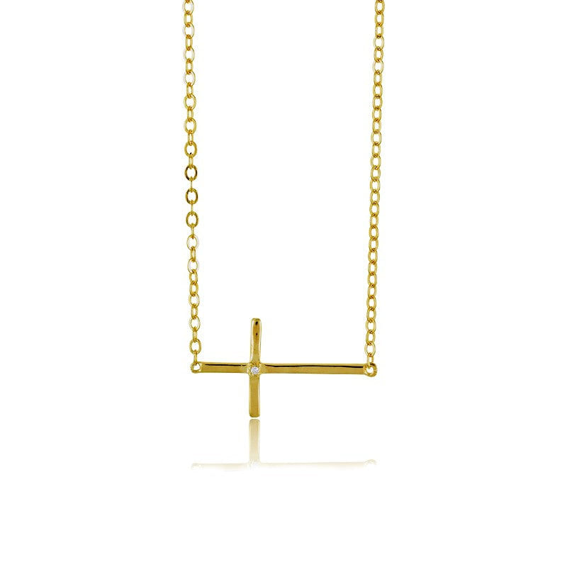 Prata Esterlina Ouro Sideways Cross Cz Colar