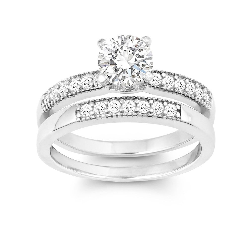 Sterling Silver Cz Compromisso E Anel De Casamento Set, Tamanho 9