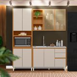 Cozinha Compacta Modulada 3 Peças 190 Cm Aéreo Vidro Reflecta 100% Mdf Nature Off White Mattos Shop Jm