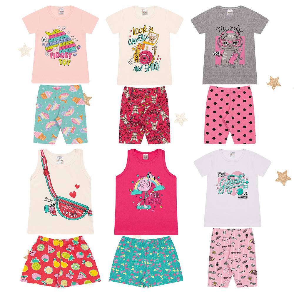 Kit 6 Conjuntos Infantil Menina 12 Peças Camisetas E Shorts - 14 - Sortido