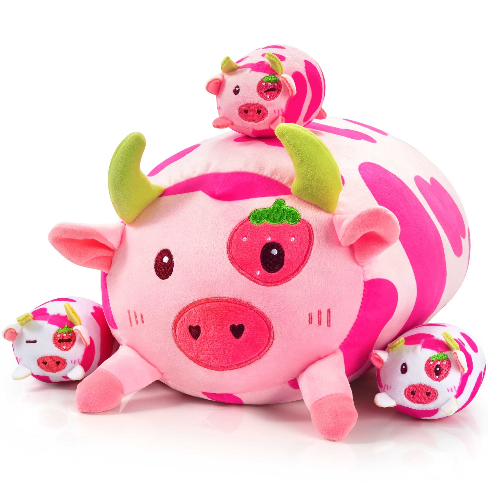 Bichos De Pelúcia Pegmapri Strawberry Cow Com 3 Bebês 35cm