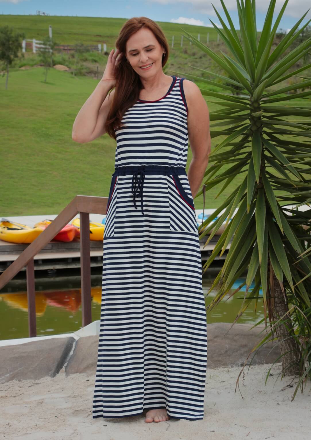 Vestido Longo Regata Listrado Azul Marinho | Pau A Pique Marinho - Xl