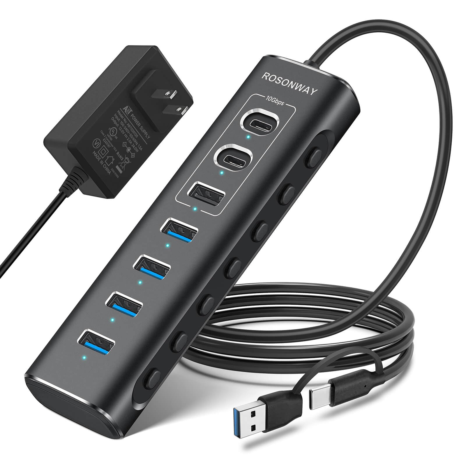 Hub Usb Rosonway De 7 Portas Usb 3.2/usb C Com Adaptador De 10 Gbps E 12 V