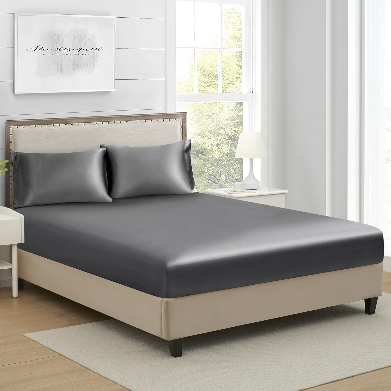 Lençol Com Elástico Lanest Housing Queen Silk Satin Dark Grey