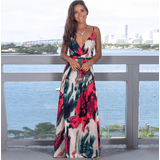 Vestido Tropical Boho Longo Com Decote Em V Cruzado Para Mulheres