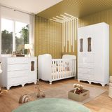 Quarto De Bebê Completo Com Guarda Roupas 3 Portas Cômoda E Berço Com Rodizio 100% Mdf Lana Espresso Móveis Branco Brilho