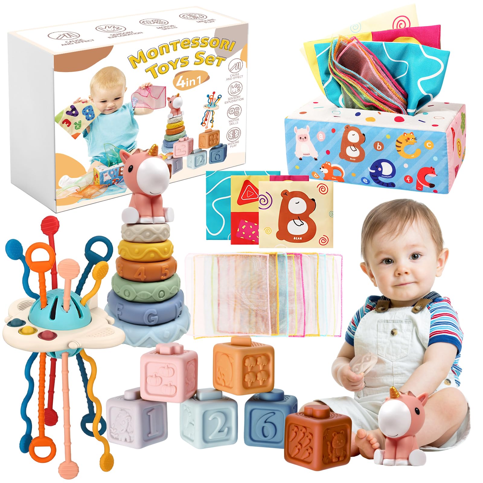 Brinquedos Para Bebês Montessori Febalhs 4 Em 1 Com Brinquedos Empilháveis De 6 Meses Ou Mais