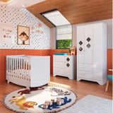 Quarto De Bebê Guarda Roupa Cômoda Com Janelas Losango E Berço Americano Kakau Retrô Espresso Móveis Branco Brilho