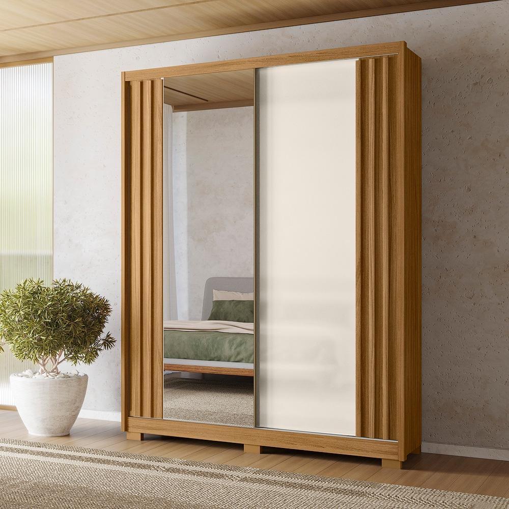 Guarda Roupa Casal 2 Portas Com Espelho Ripado 3 Gavetas Colorado - Freijó / Off White