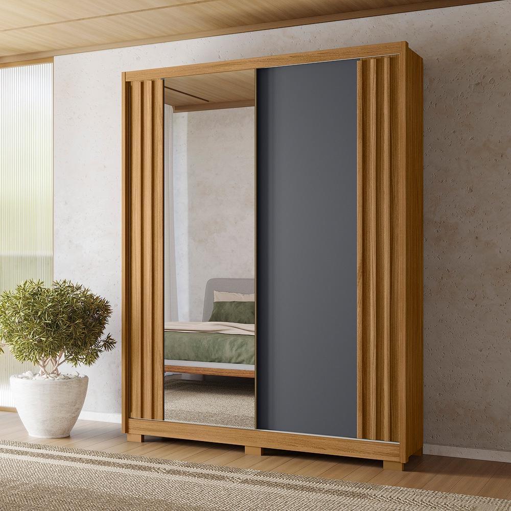 Guarda Roupa Casal 2 Portas Com Espelho Ripado 3 Gavetas Colorado - Freijó / Cinza