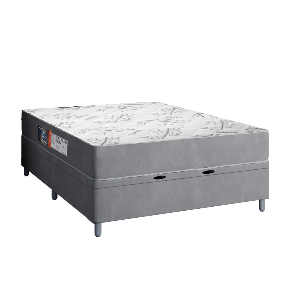 Cama Box Baú Casal Colchão Espuma Egito 138x188x60cm Cinza / Branco Portobel - Suporta Até 100kg Por Pessoa