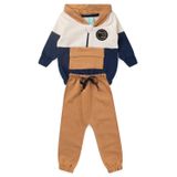 Conjunto Bebê Moletom Menino Com Capuz - Tricolor - Off White Marrom E Azul Marinho