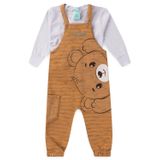 Conjunto Jardineira Bebê Moletom Menino - Urso - Marrom E Branco