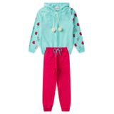 Conjunto Infantil Menina Moletom - Corações Pompom - Verde Água E Pink