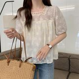 Camisa Feminina De Damasco Com Gola Quadrada E Chiffon Macio