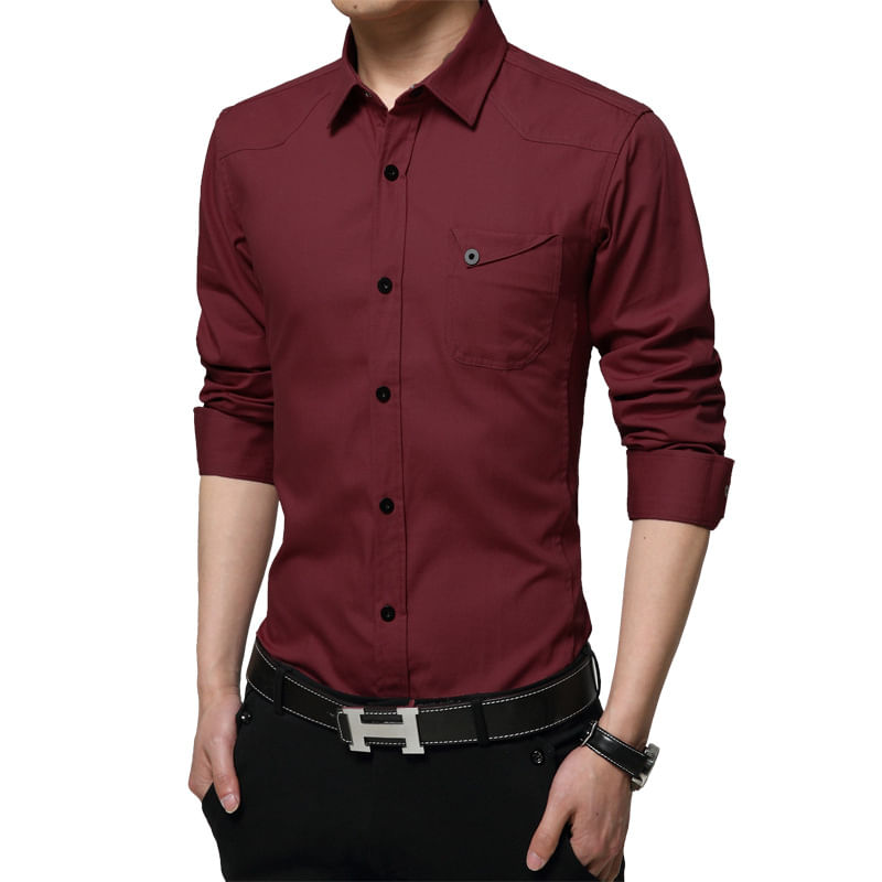 Camisa Masculina De Manga Comprida Army Style Business - Burgundy