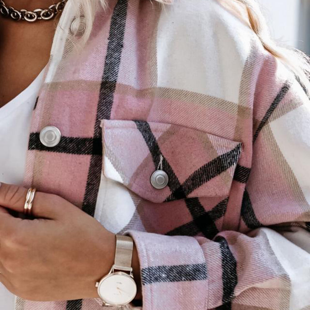 Camisa Feminina Xadrez De Lapela, Manga Comprida, Fibra De Poliéster Rosa