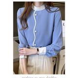 Camisa Feminina De Gola Alta Elegante Em Chiffon Azul Celeste