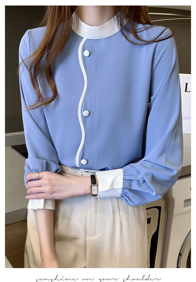 Camisa Feminina De Gola Alta Elegante Em Chiffon Azul Celeste