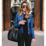 Casaco Feminino, Moda Outono-inverno, Couro Pu, Azul