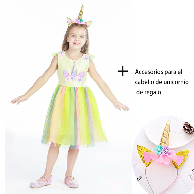 Vestido Unicorn Party Amarelo Para Meninas De 2 A 8 Anos +100 Cm