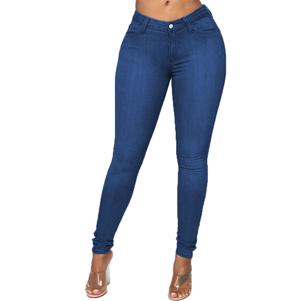 Jeans Femininos De Primavera E Verão Azul Escuro Poliéster