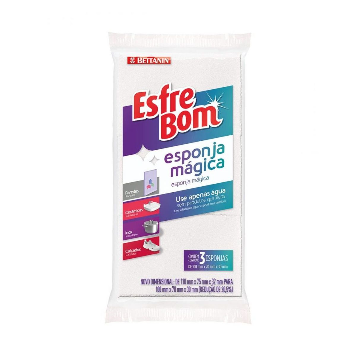 Esponja Mágica Esfrebom Limpa Superfícies Remove Manchas - 3 Unidades