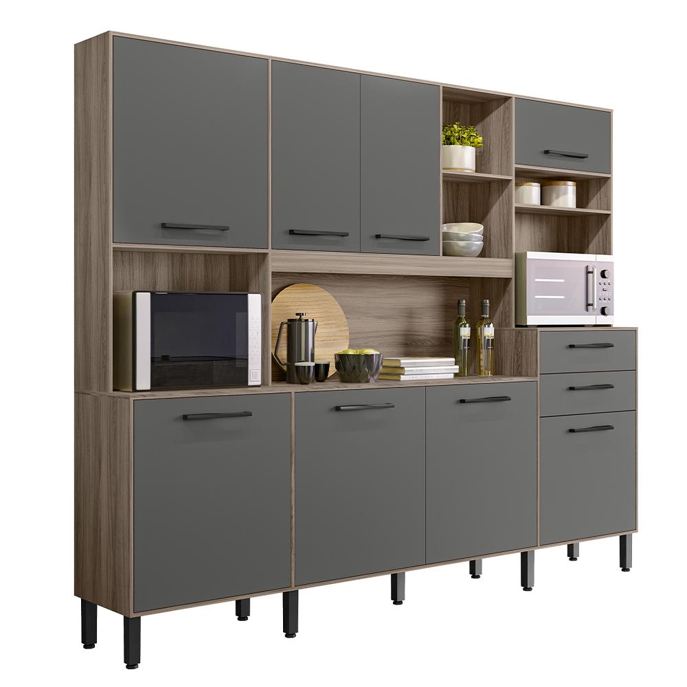 Armario De Cozinha Hortelã Com 8 Portas E 2 Gavetas 240 Cm Carvalho Nature/cinza