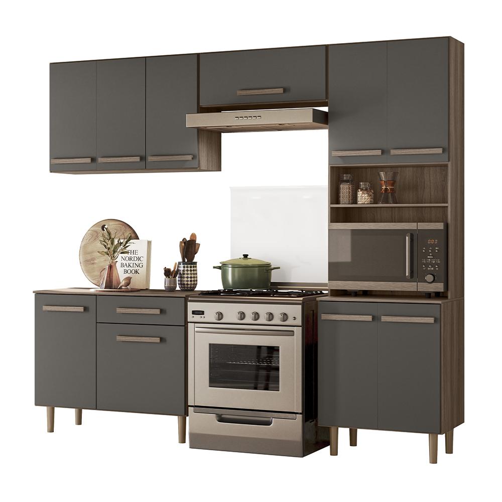 Cozinha Com Balcão Lemon Com 10 Portas E 1 Gaveta 222 Cm Carvalho Nature/cinza