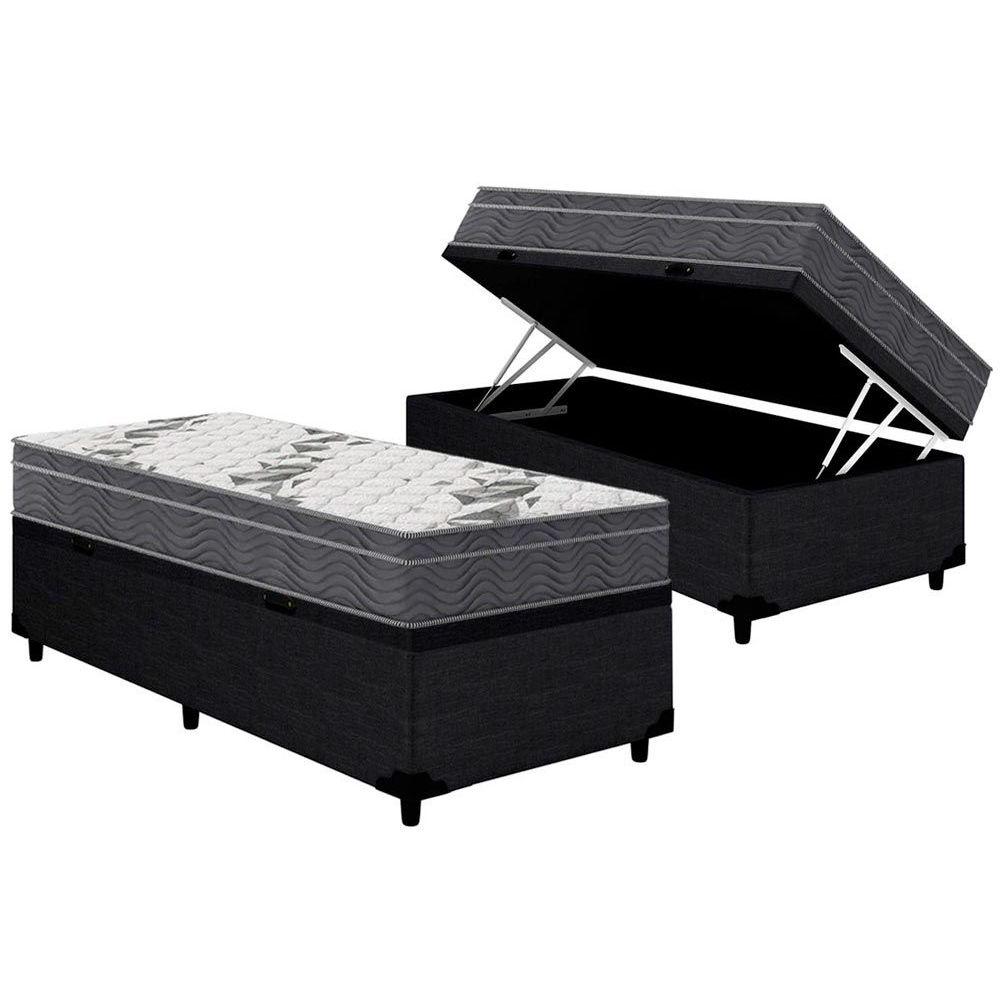 Cama Box Baú Solteiro: Colchão Anatômico Ortobom D33 / Ep Airtech 100 + Base Crc Courano Black(88x188)