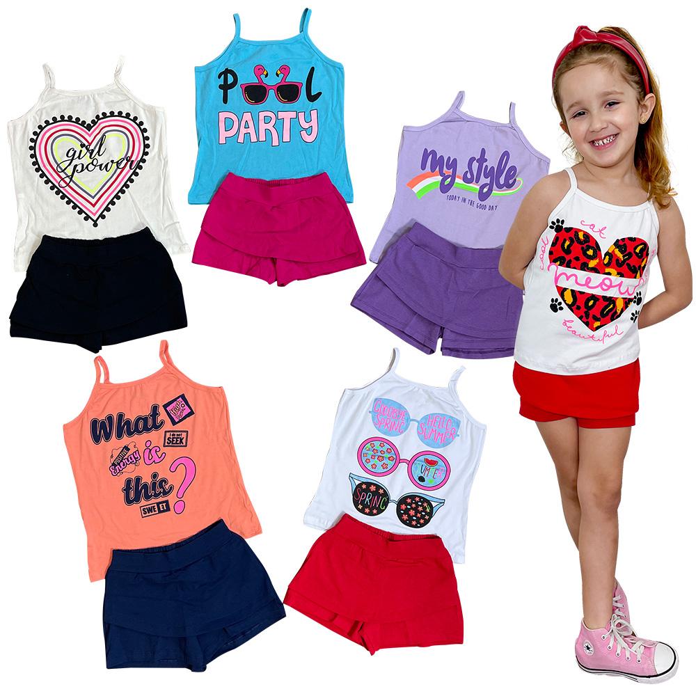 Kit 5 Conjuntos Infantil Menina Blusa Alça E Short Atacado - 10 - Sortido