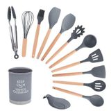 Kit Com 13 Utensílios De Cozinha Silicone Com Cabo Madeira