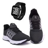 Tênis Masculino Esportivo Caminhada + Relógio Digital Preto/branco 42