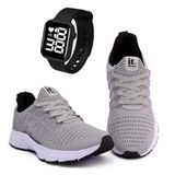 Tênis Feminino Esportivo Caminhada + Relógio Digital Cinza/branco 35