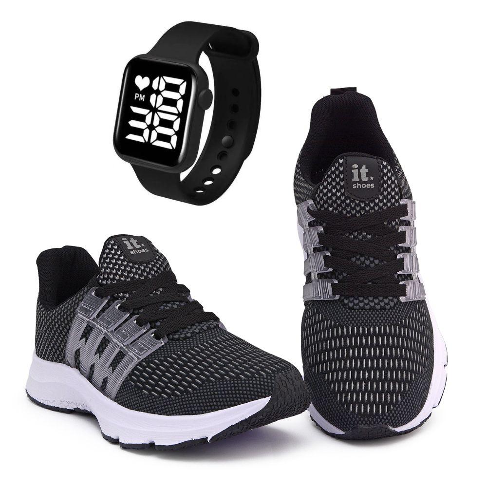 Tênis Feminino Esportivo Caminhada + Relógio Digital Preto/branco 36