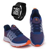 Tênis Masculino Esportivo Caminhada + Relógio Digital Azul/laranja 40