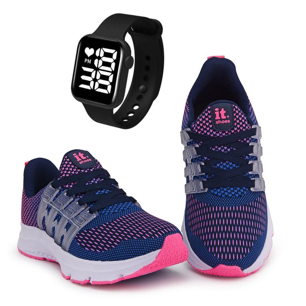 Tênis Feminino Esportivo Caminhada + Relógio Digital Marinho/pink 35