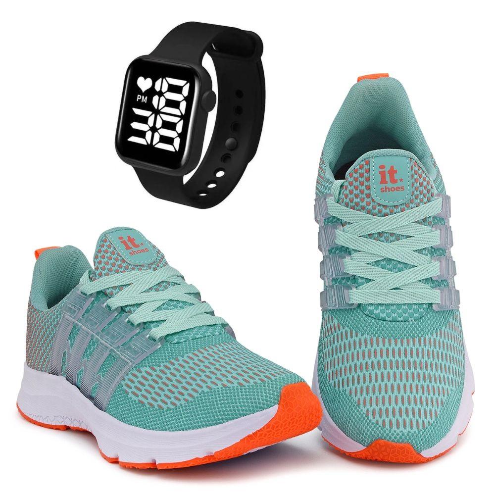 Tênis Feminino Esportivo Caminhada + Relógio Digital Azul/laranja 39