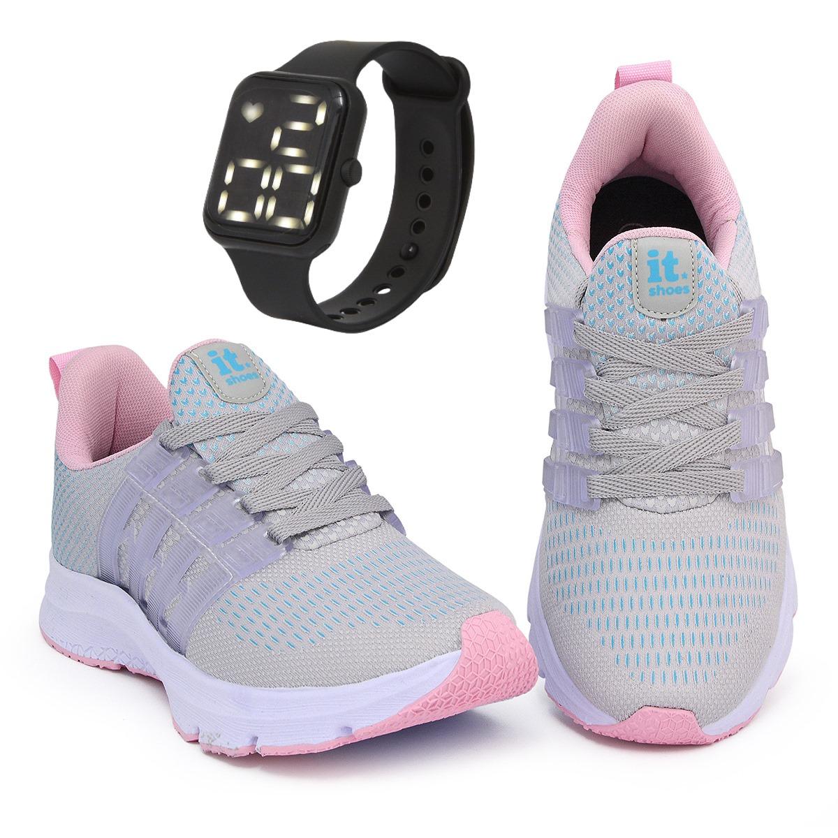 Tênis Feminino Esportivo Caminhada + Relógio Digital Azul/rosa 37