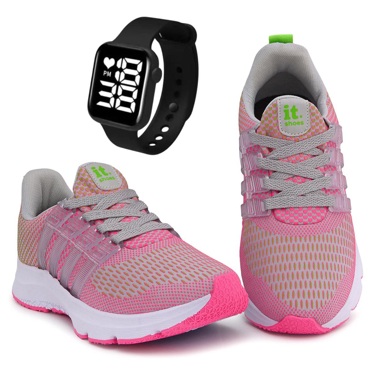 Tênis Feminino Esportivo Caminhada + Relógio Digital Pink/verde 34