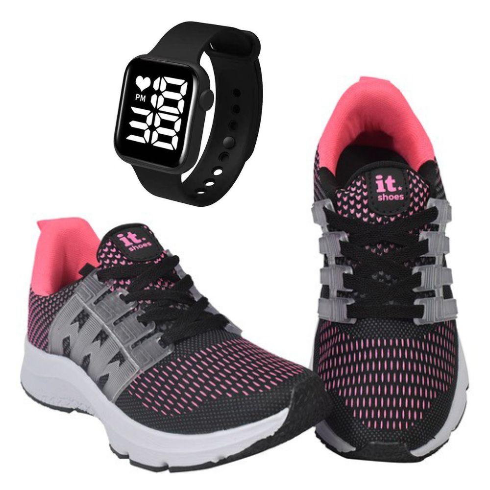 Tênis Feminino Esportivo Caminhada + Relógio Digital Preto/rosa 36