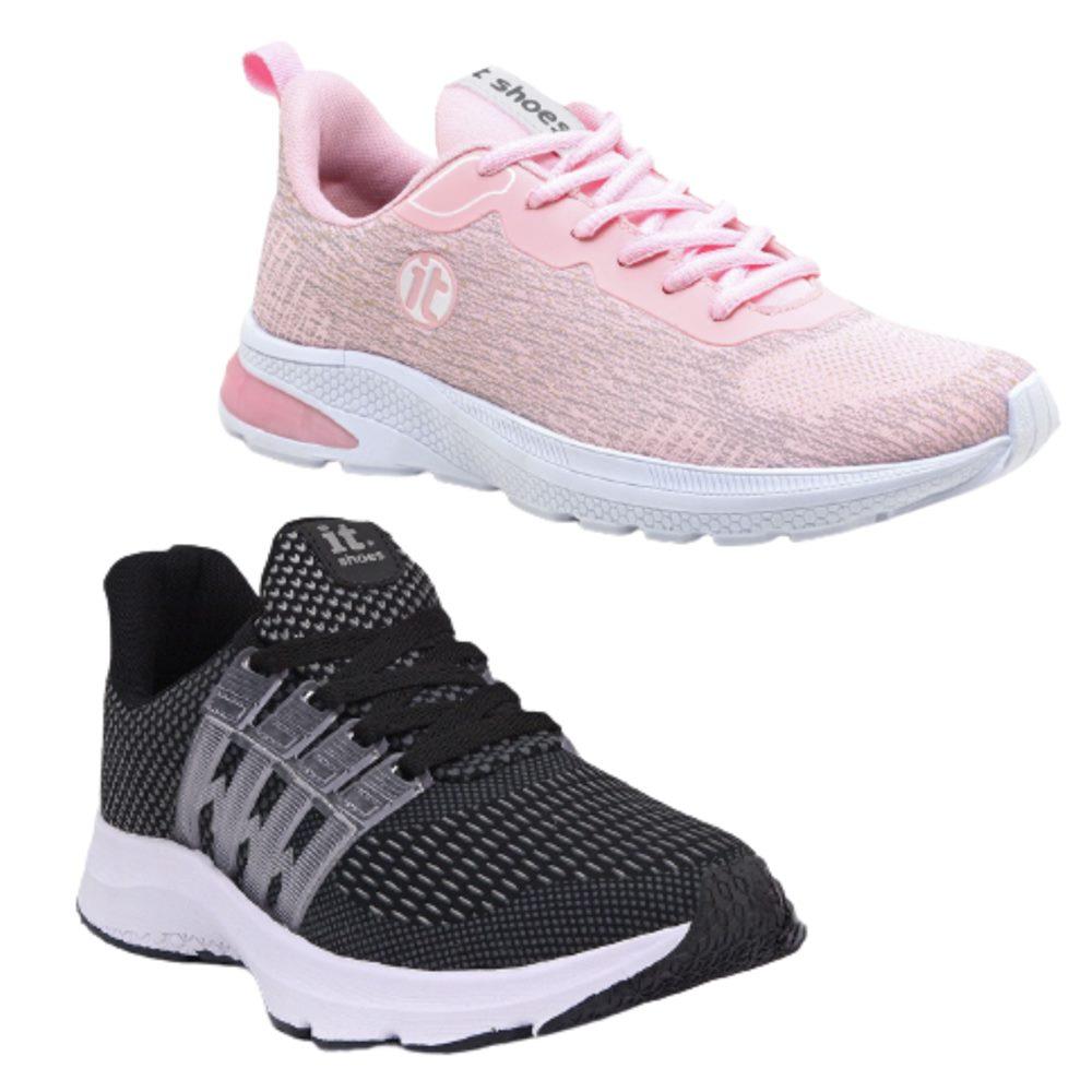 Tênis Feminino Running Esportivo Caminhada Academia Kit 2 Preto/rosa 39