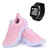 Tênis Feminino Esportivo Corrida Academia + Relógio Digital Rosa Claro 39