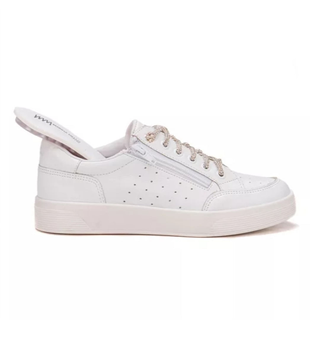 Tênis Feminino Casual Branco Em Couro Elloah Cadarço Strass