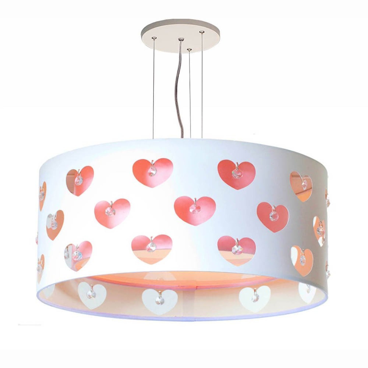 Lustre Infantil Pendente Corações Com Cristais 50x16 Rosa/branco