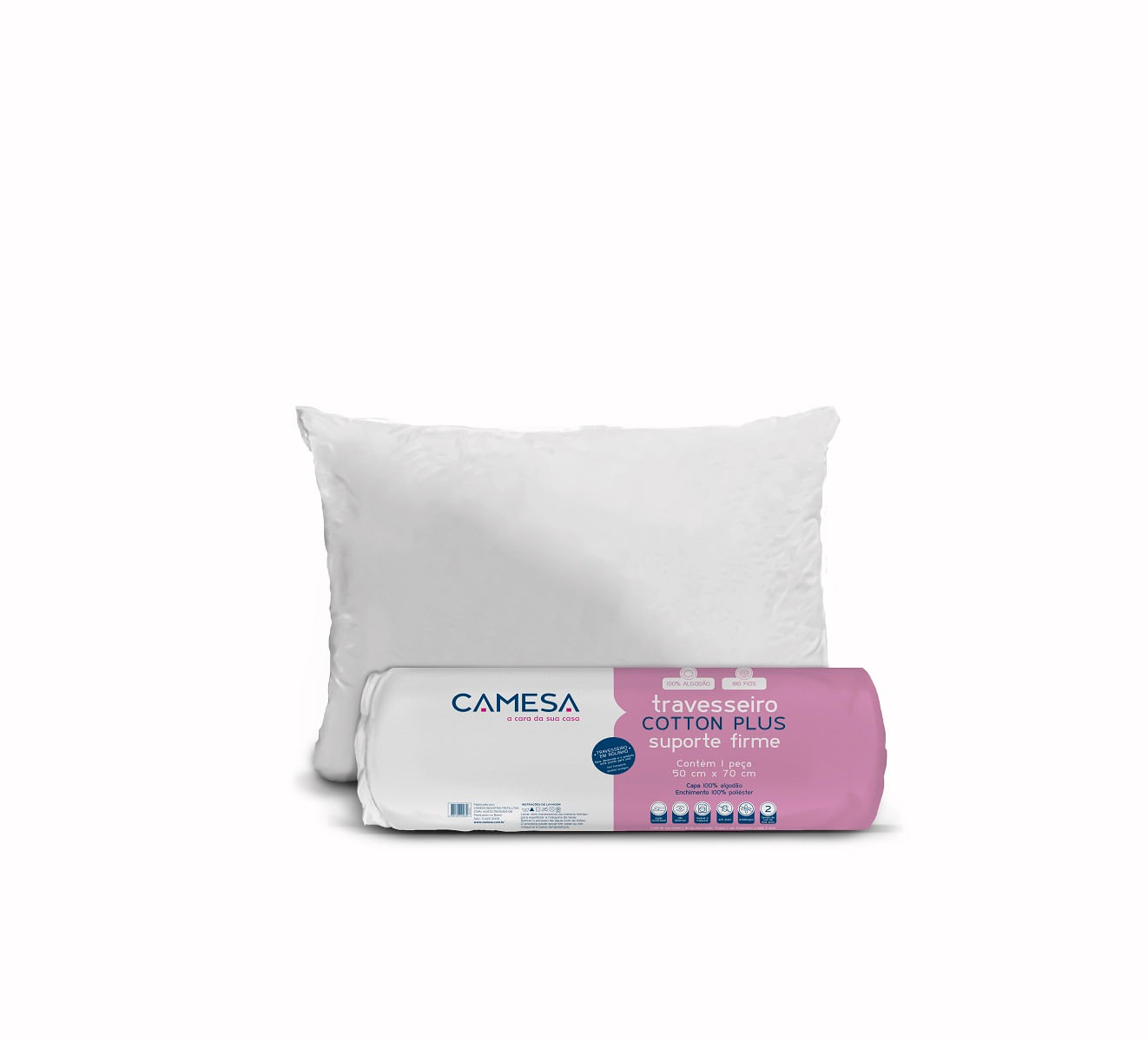Travesseiro Cotton Plus Camesa 50x70cm Rolinho Firme Branco 1 Peça