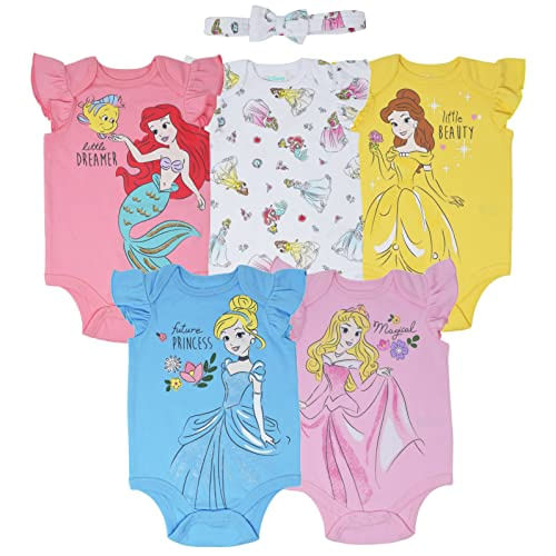 Princesa Da Disney Cinderela Belle Aurora Ariel Baby Girls 5 Pack Bodysuits Headband 3-6 Meses