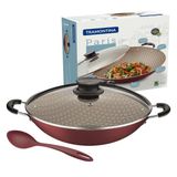 Panela Wok Tramontina Paris Antiaderente Tampa de Vidro 32cm 4,4 L com Colher Vermelha