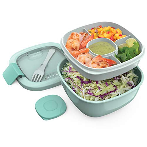 Bentgo® Salad - Recipiente De Almoço Empilhável Com Grande Tigela De Salada De 54 Oz, Bandeja De 4 Compartimentos Estilo Bento Para Cobertur